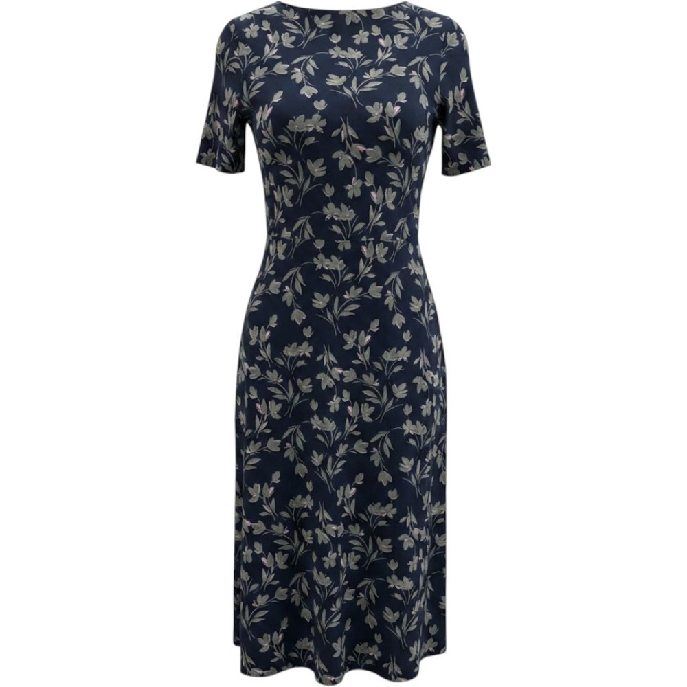 Pact Midi Dress Womens Large Navy Blue Floral Organic Cotton Short Sleeve Career
